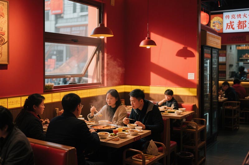 以紅、黃二色為例的川味火鍋店裝修效果圖