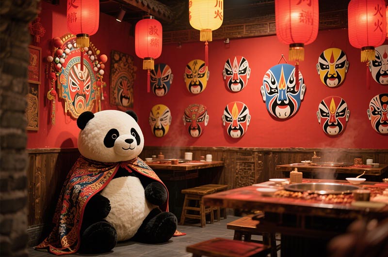 融入川劇臉譜、熊貓圖案、蜀錦元素等的火鍋店裝修效果圖
