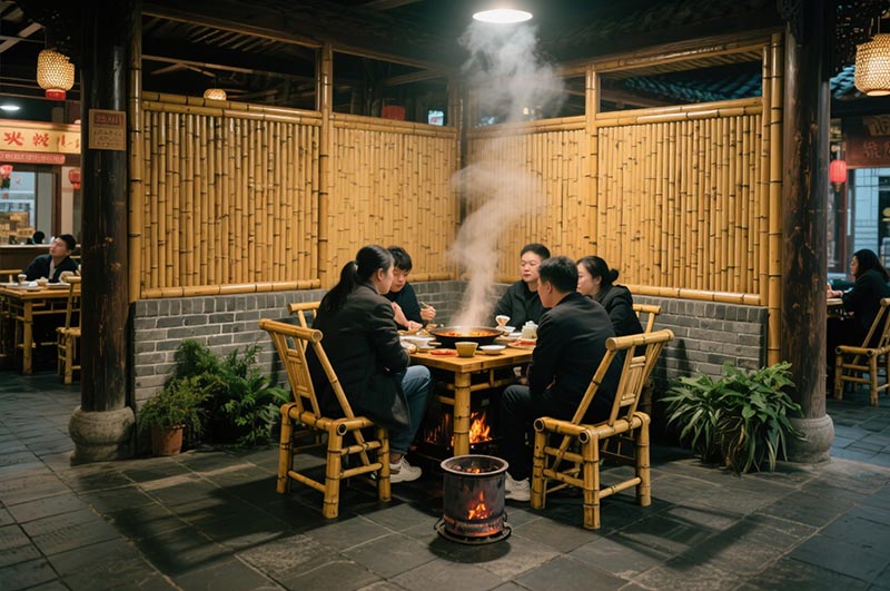 采用竹、木、青磚等傳統(tǒng)材質(zhì)的火鍋店裝修效果圖