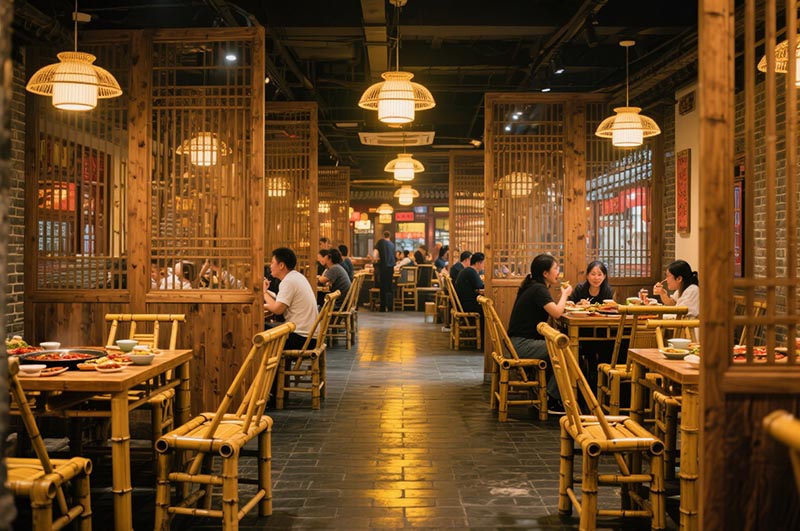 采用竹、木、青磚等傳統(tǒng)材質(zhì)的火鍋店裝修效果圖