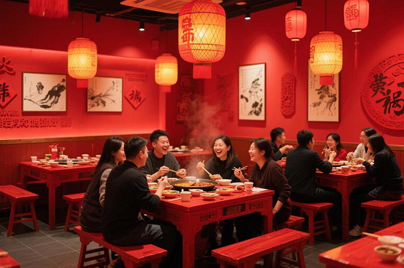 以紅色作為火鍋店的經(jīng)典主色調(diào)裝修效果圖