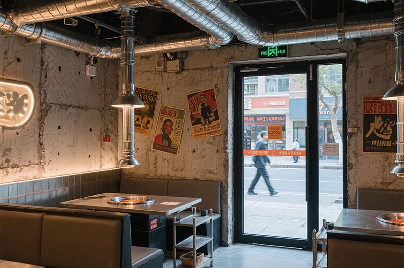 裸露的水泥墻面的工業(yè)風(fēng)火鍋店裝修效果圖